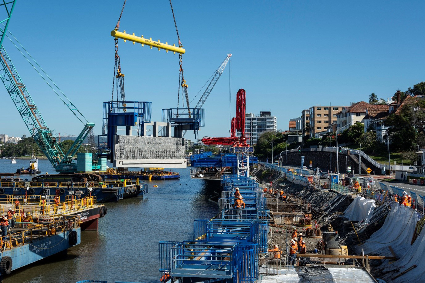 Crane barges lifting case civil and structural engineering project Kingsford Smith Drive Upgrade in Brisbane