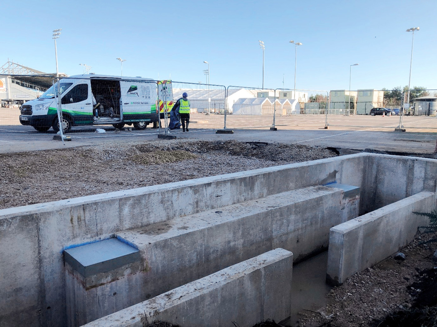 Car park side abutment during construction case civil and structural engineering project sandy park pedestrian bridge